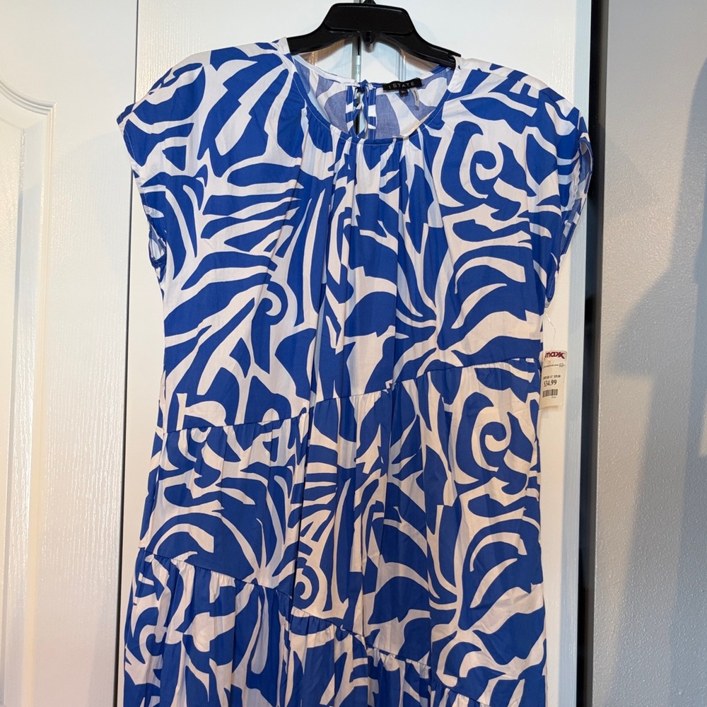 1. State Blue and White Abstract Midi Dress